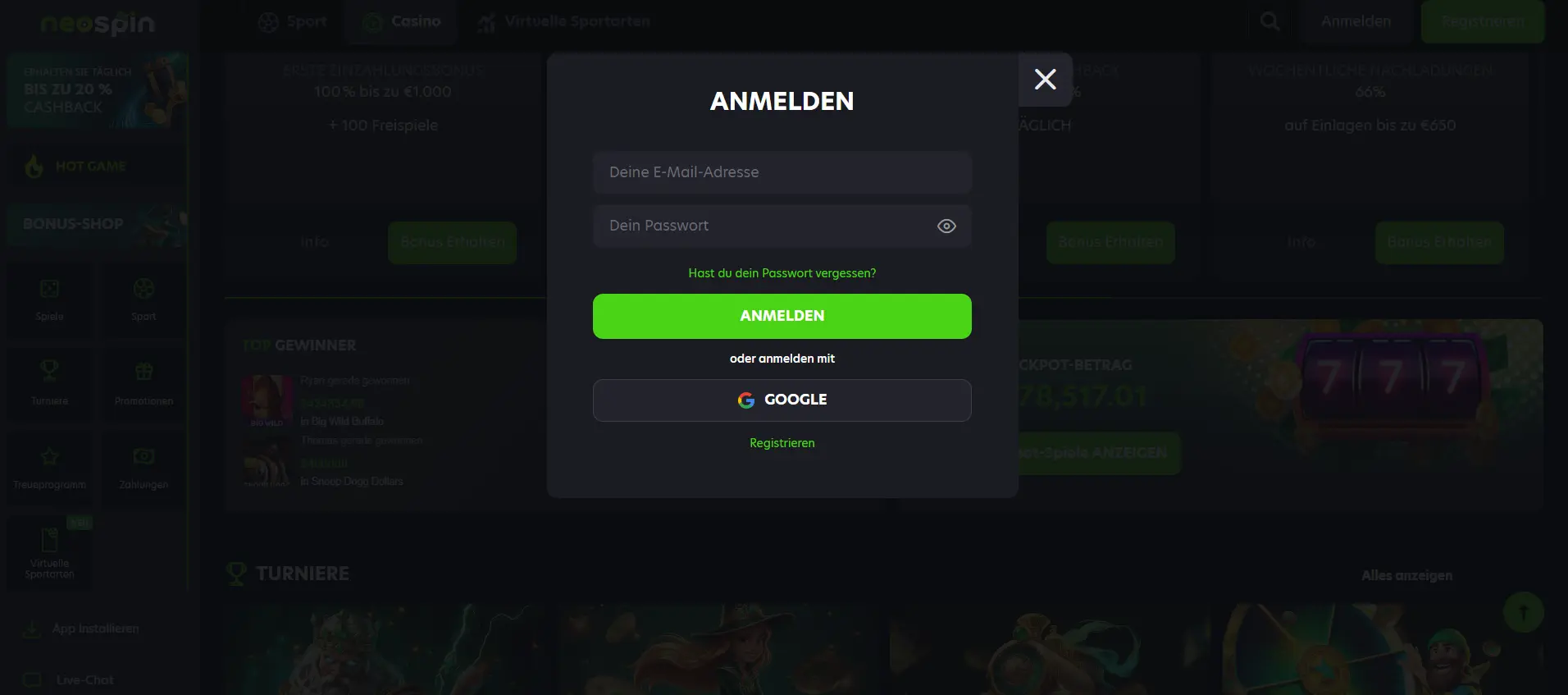 NeoSpin Anmeldung f&uuml;r Spieler in &Ouml;sterreich