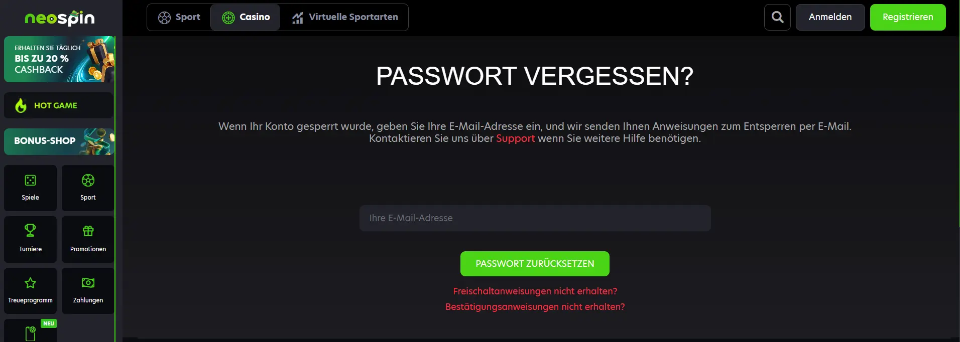 Passwort beim NeoSpin Casino zur&uuml;cksetzen